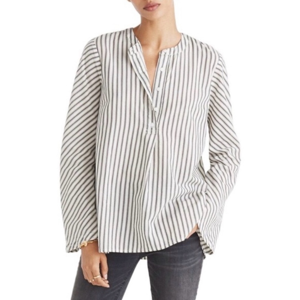 Madewell bell sleeve gray + white striped button down